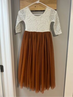 White Lace Top Brown Tulle Midi Dress